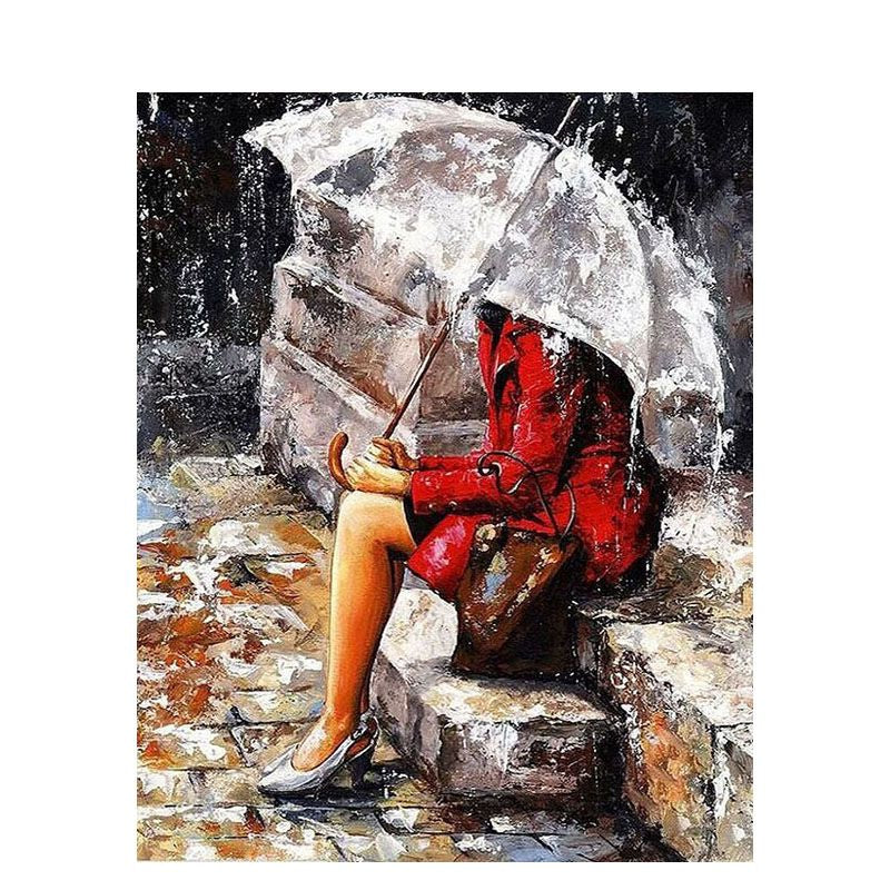 Paint By numbers for Adult Lady in Red in the Rain Framed