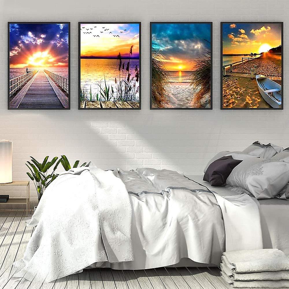 A Set of 4 Diamond dot painting 30 x 40 cm ( Sandy beach, Ship, sea and Bridge)