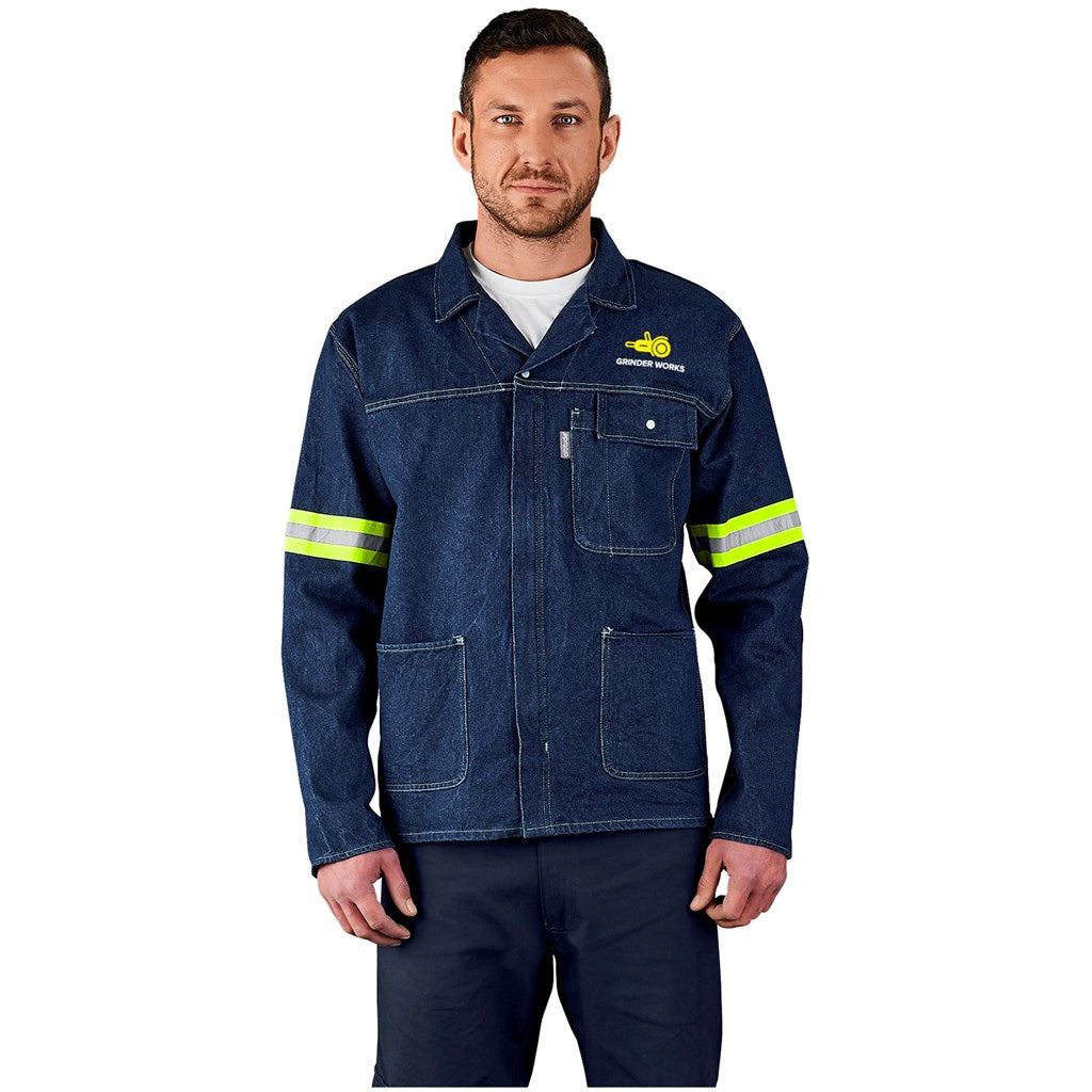 Cast Premium 100% Cotton Denim Jacket - Reflective Arms - Yellow Tape - BLUE / XL