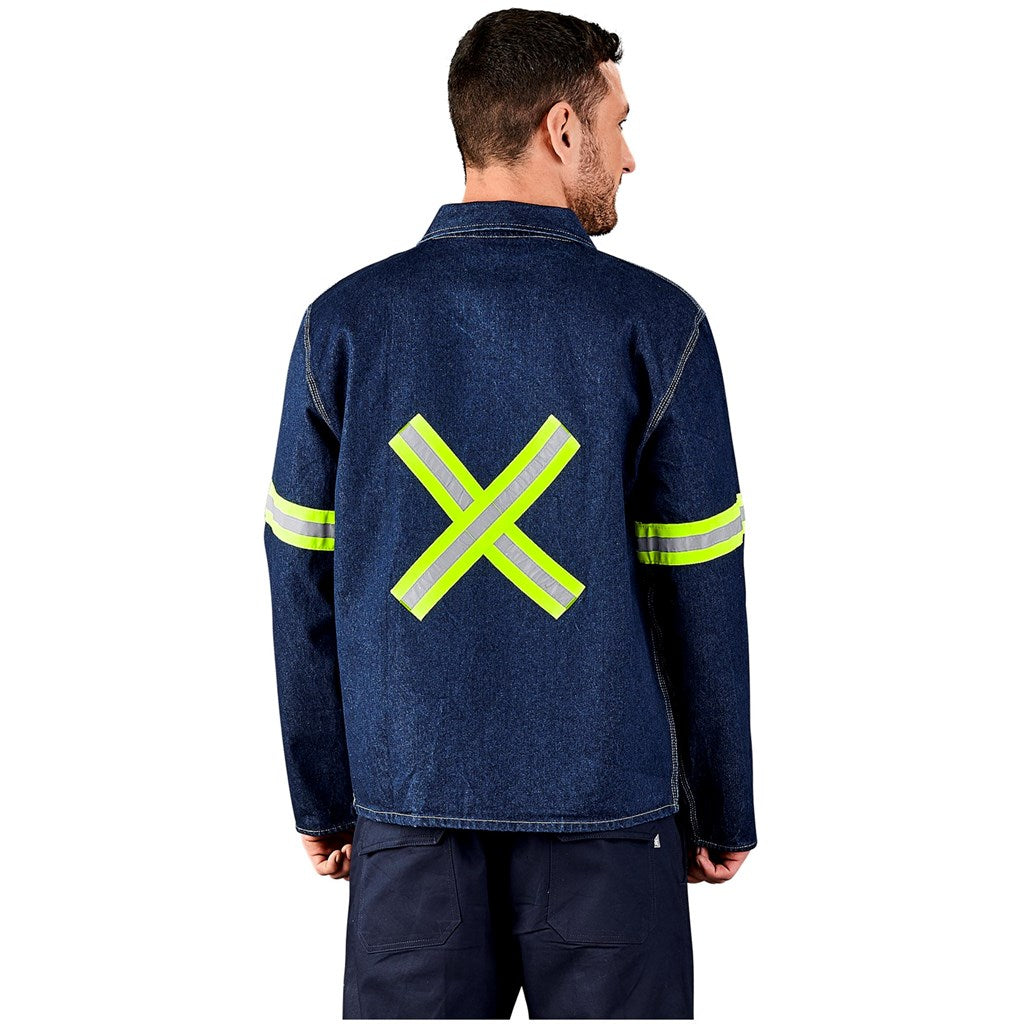 Cast Premium 100% Cotton Denim Jacket - Reflective Arms & Back - Yellow Tape - BLUE / S