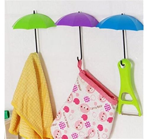 Set of three umbrella hooks, red, pink yellow