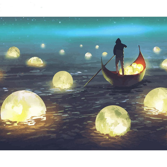 Jigsaw puzzle 1000 pieces-Night scenery of a man rowing a boat among many glowing moons