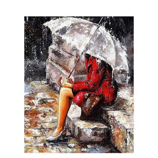 Paint By numbers for Adult Lady in Red in the Rain Framed